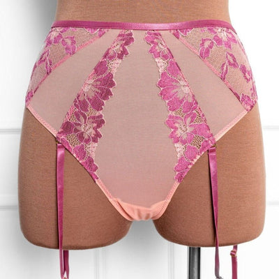 Lace & Mesh High Waist Garter Panty - Raspberry - Mentionables