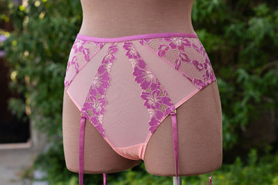 Lace & Mesh High Waist Garter Panty - Raspberry - Mentionables