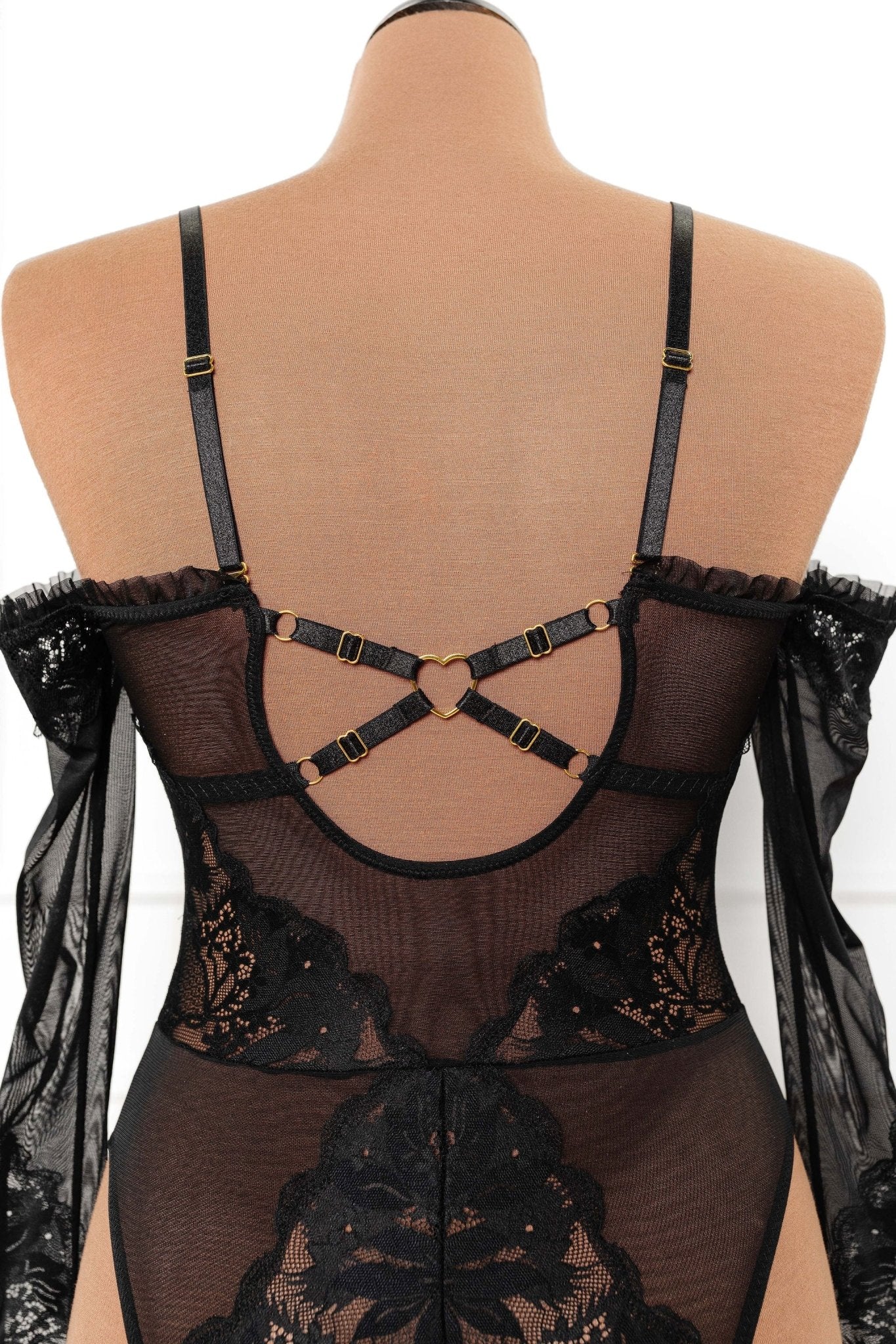 Lace & Mesh Off-The-Shoulder Crotchless Teddy - Black - Mentionables