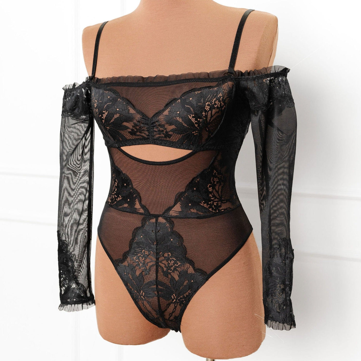 Lace & Mesh Off-The-Shoulder Crotchless Teddy - Black - Mentionables