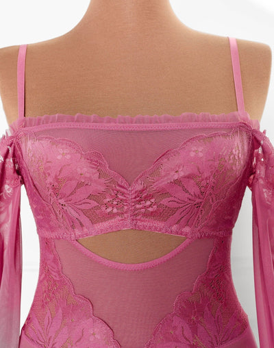 Lace & Mesh Off-The-Shoulder Crotchless Teddy - Mauve - Mentionables
