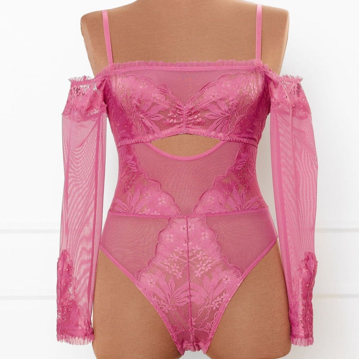 Lace & Mesh Off-The-Shoulder Crotchless Teddy - Mauve - Mentionables
