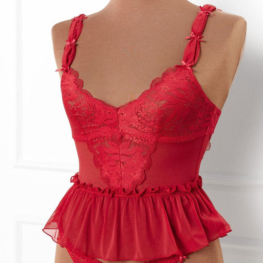 Lace & Mesh Peplum Corset - Scarlet Red - Mentionables