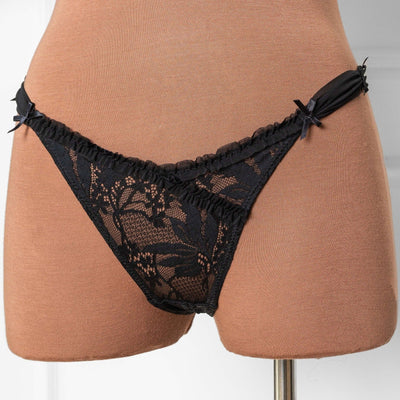 Lace & Mesh Rouched Thong - Black - Mentionables