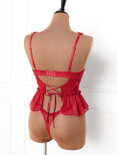 Lace & Mesh Rouched Thong - Scarlet Red - Mentionables