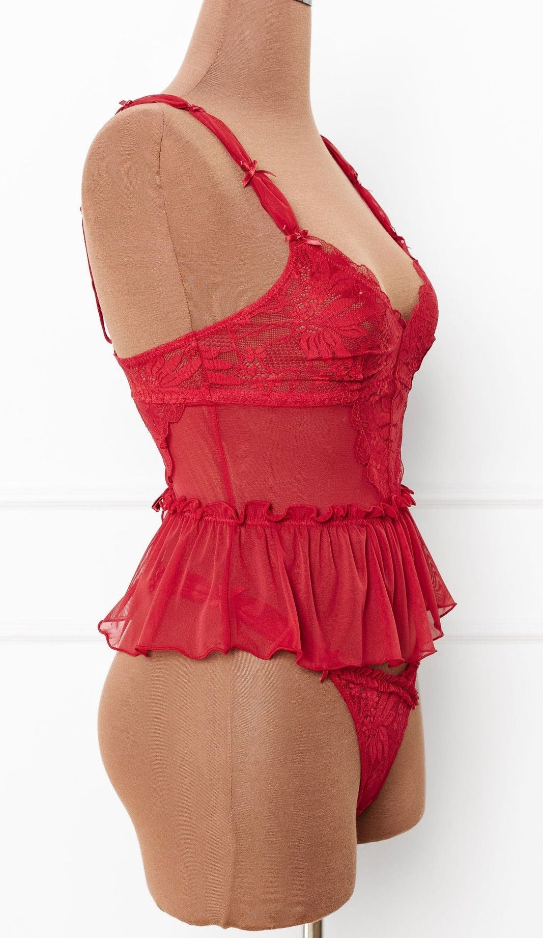 Lace & Mesh Rouched Thong - Scarlet Red - Mentionables