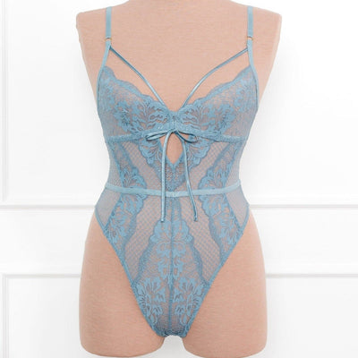 Lacy Caged Crotchless Teddy - Frost Blue - Mentionables