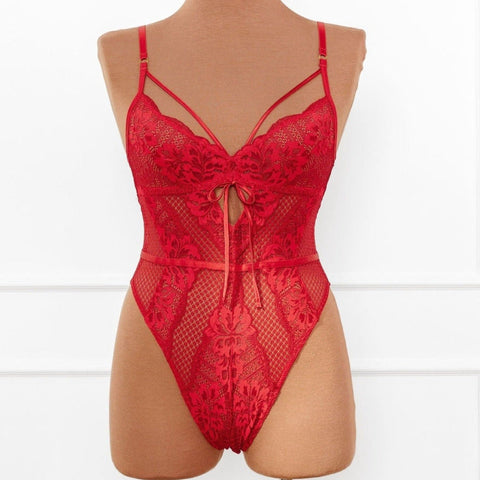 Victoria's Secret Lipstick Red Lacy Lace-Up Crotchless Teddy (Medium)