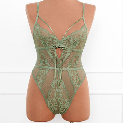 Lacy Caged Crotchless Teddy - Sage Green - Mentionables