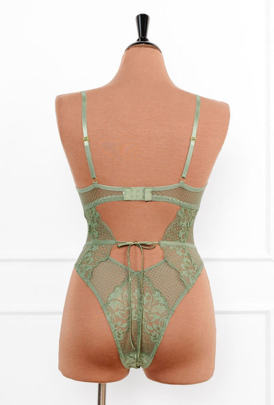 Lacy Caged Crotchless Teddy - Sage Green - Mentionables
