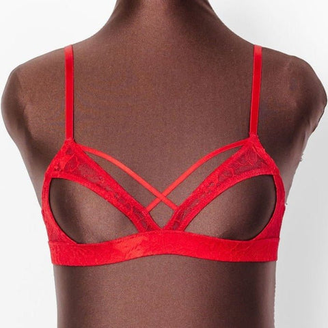 Lacy Caged Cupless Bralette - Red