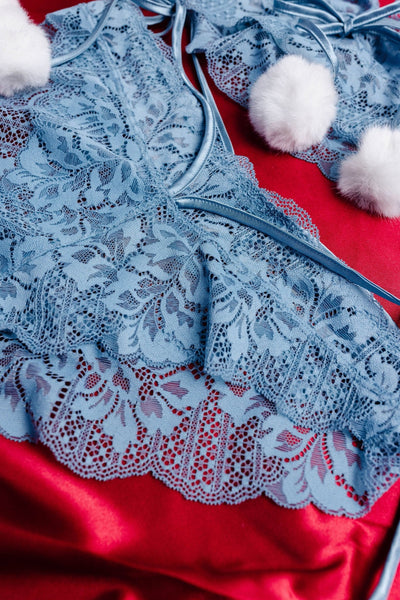 Lacy Crotchless Pom Pom Panty - Frost Blue - Mentionables
