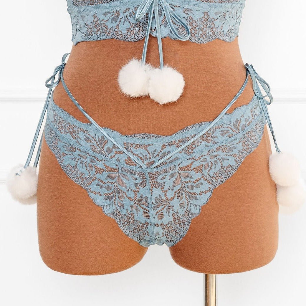 Lacy Crotchless Pom Pom Panty - Frost Blue | Mentionables