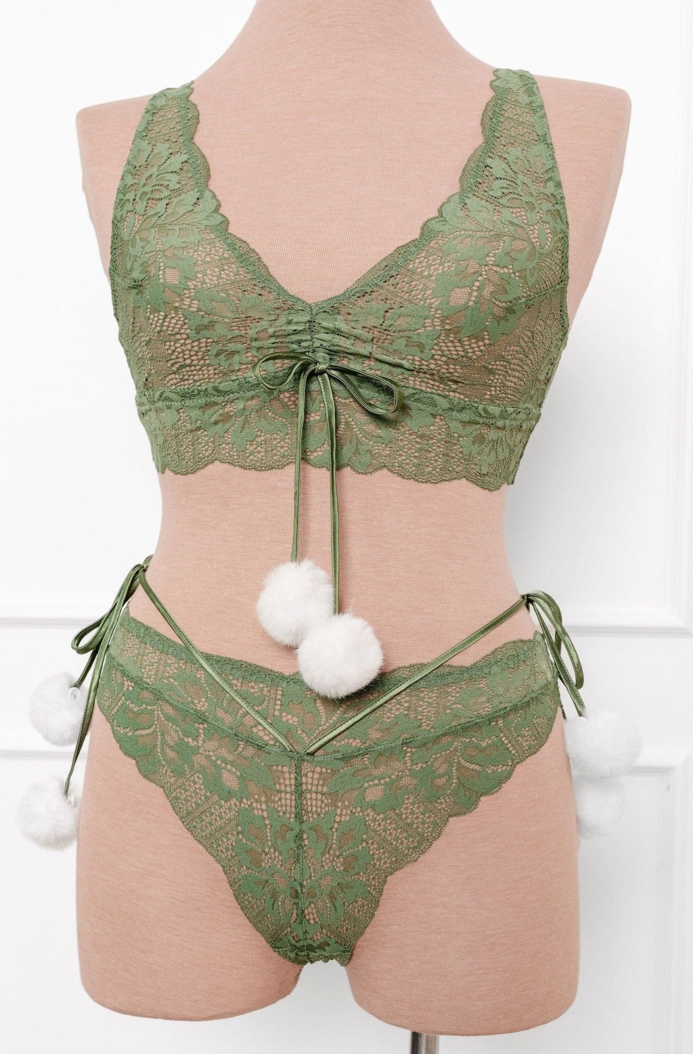 Lacy Crotchless Pom Pom Panty - Sage Green - Mentionables
