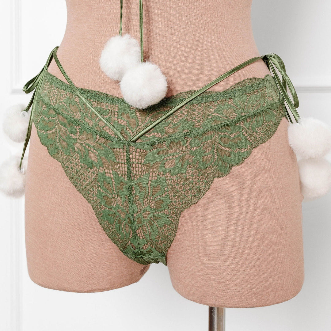 Lacy Crotchless Pom Pom Panty - Sage Green | Mentionables