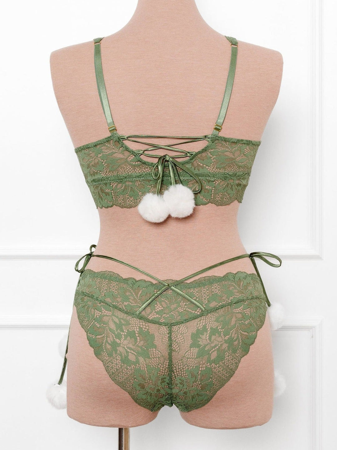 Lacy Crotchless Pom Pom Panty - Sage Green | Mentionables