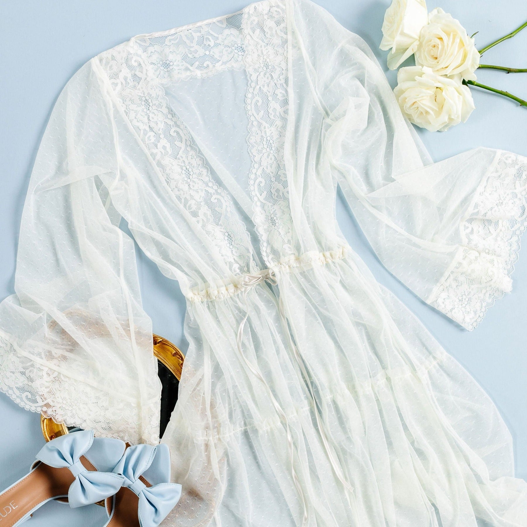 Lacy Dot Mesh Midi Robe - Iridescent Cream | Mentionables