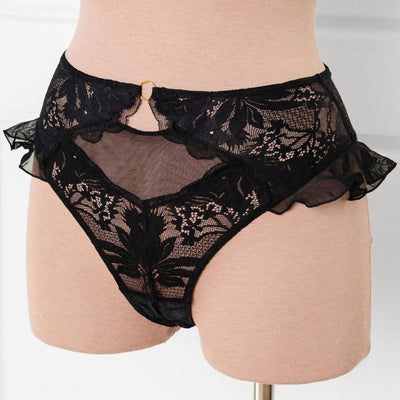 Lacy High Leg Crotchless Panty - Black - Mentionables