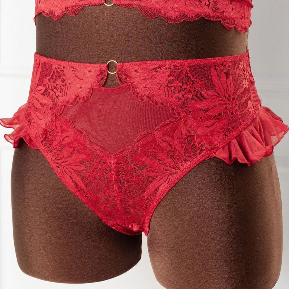 Lacy High Leg Crotchless Panty - Scarlet - Mentionables