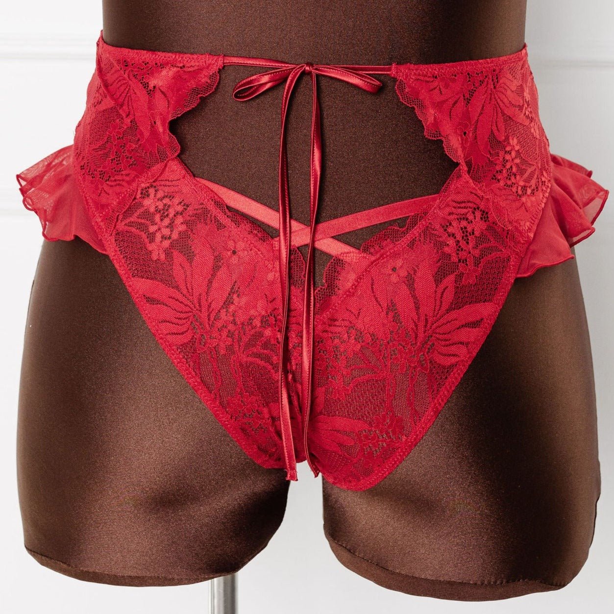 Lacy High Leg Crotchless Panty - Scarlet Red - Mentionables