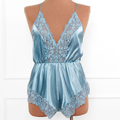 Lacy Plunge Satin Romper - Frost Blue - Mentionables