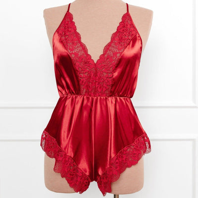 Lacy Plunge Satin Romper - Red - Mentionables