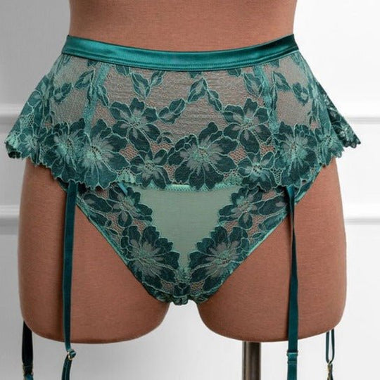 Lacy Skirted Garter Belt - Garden Green - Mentionables