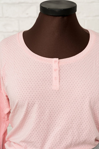 Pointelle Long Sleeve Henley - Ballet Pink - Mentionables