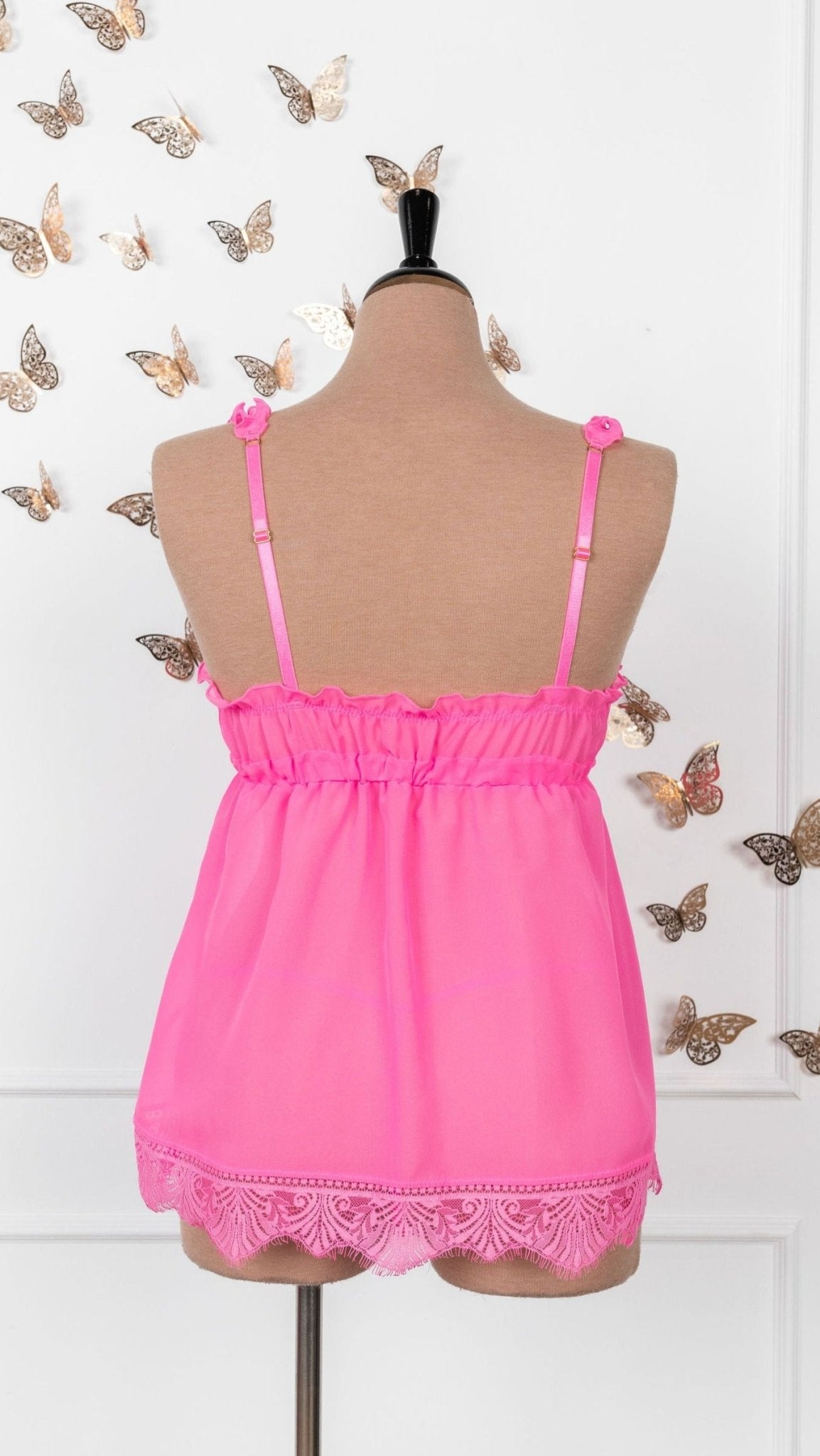 Pink Sheer Lace Ruffle Detail Strappy Top