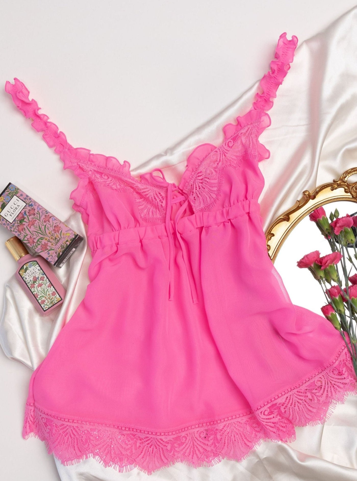 Ruffle Eyelash Lace Babydoll - Flamingo Pink - Mentionables