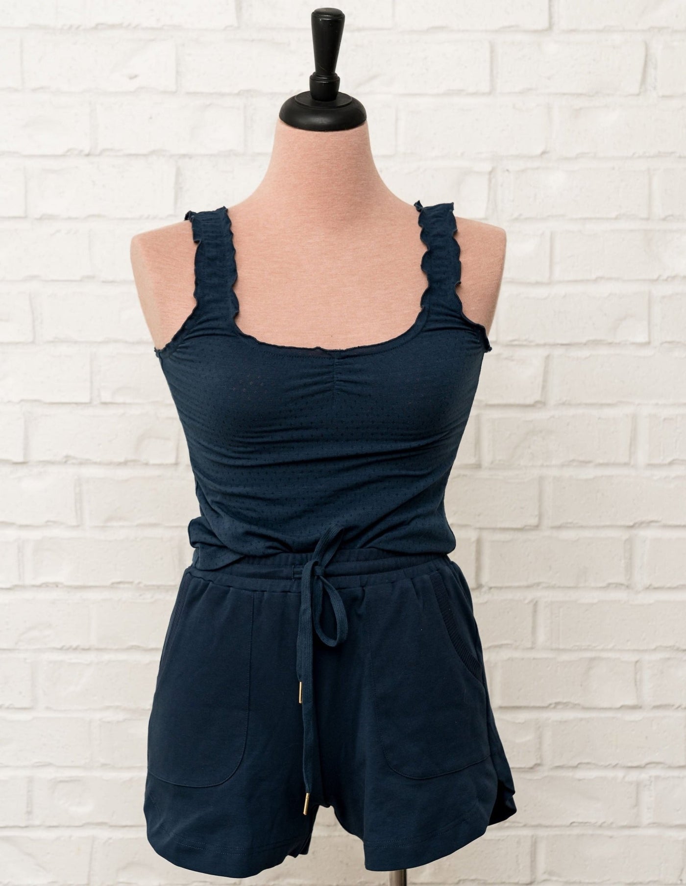 Ruffle Pointelle Tank Top - Navy - Mentionables
