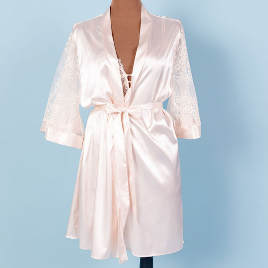 Satin & Eyelash Lace Robe - Champagne - Mentionables