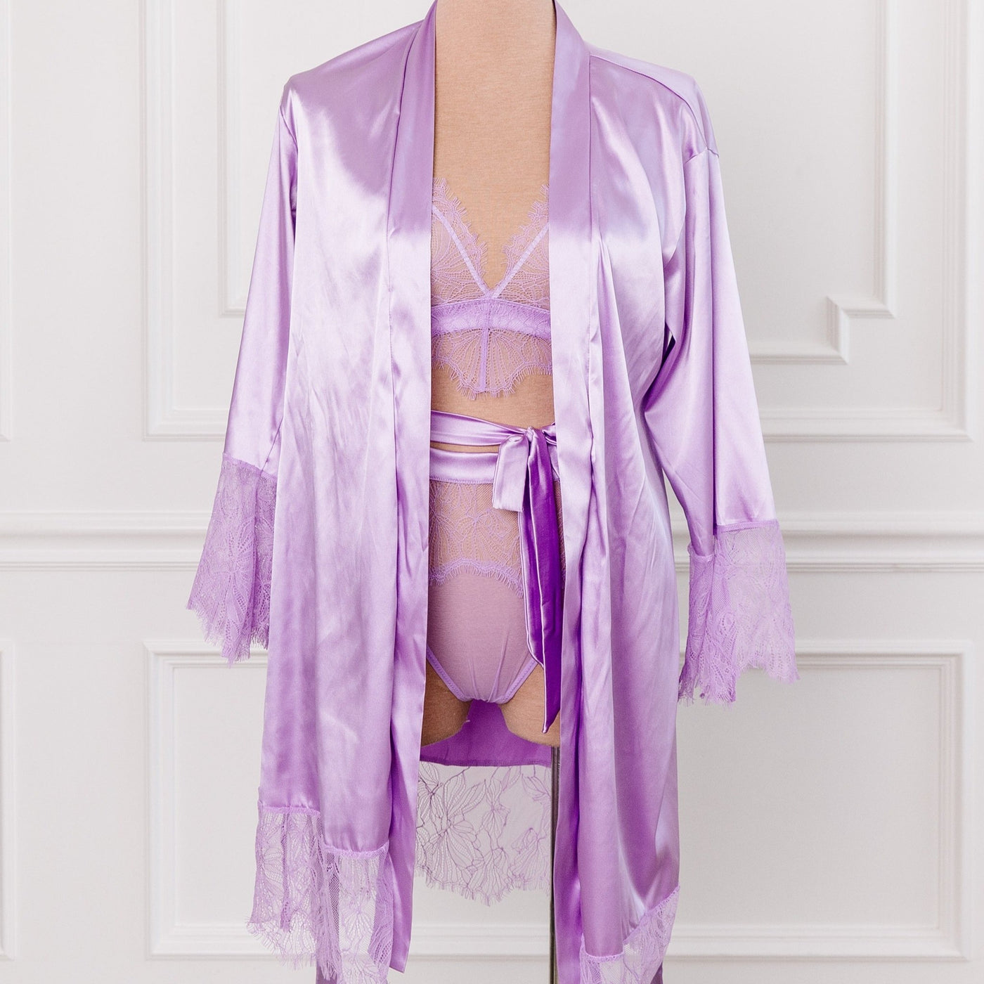 Satin & Eyelash Lace Robe - Lilac - Mentionables