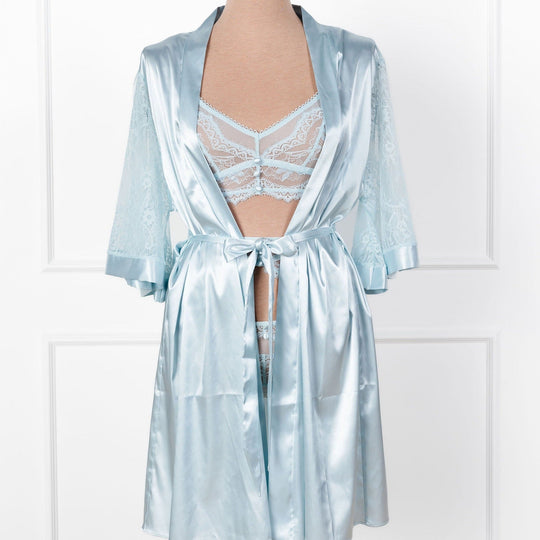 Satin & Eyelash Lace Robe - Something Blue - Mentionables