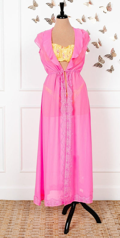 Sheer Eyelash Lace Robe - Flamingo Pink - Mentionables