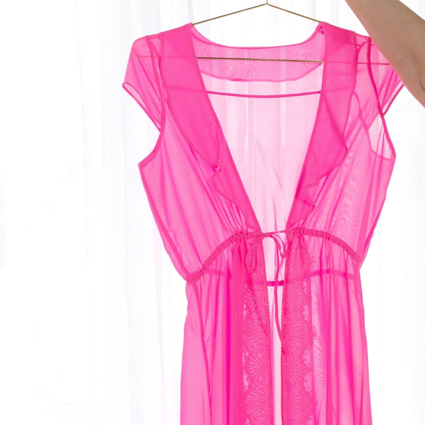 Sheer Eyelash Lace Robe - Flamingo Pink - Mentionables