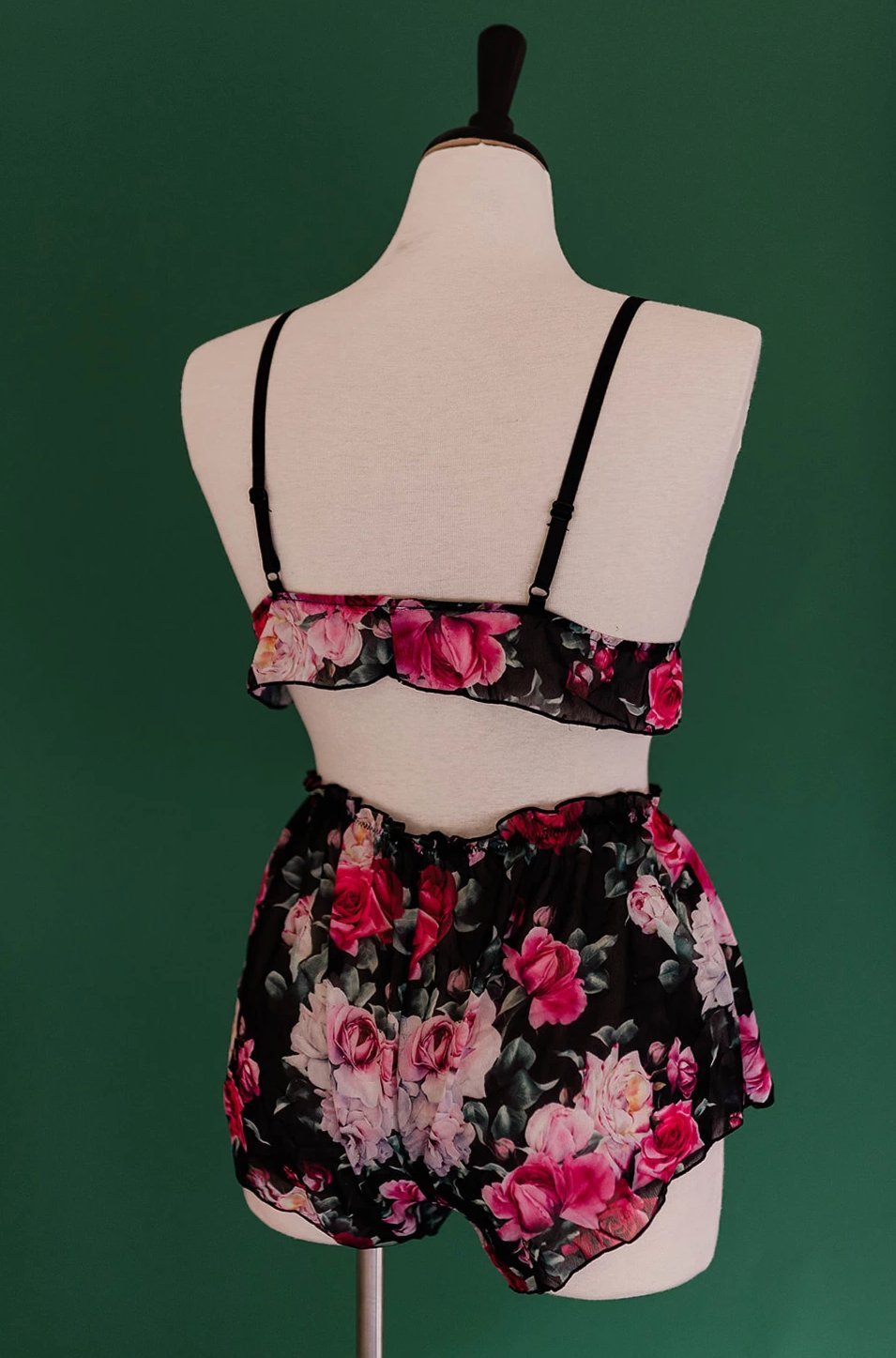 Sheer Floral Shorts & Bralette Set - Black - Mentionables